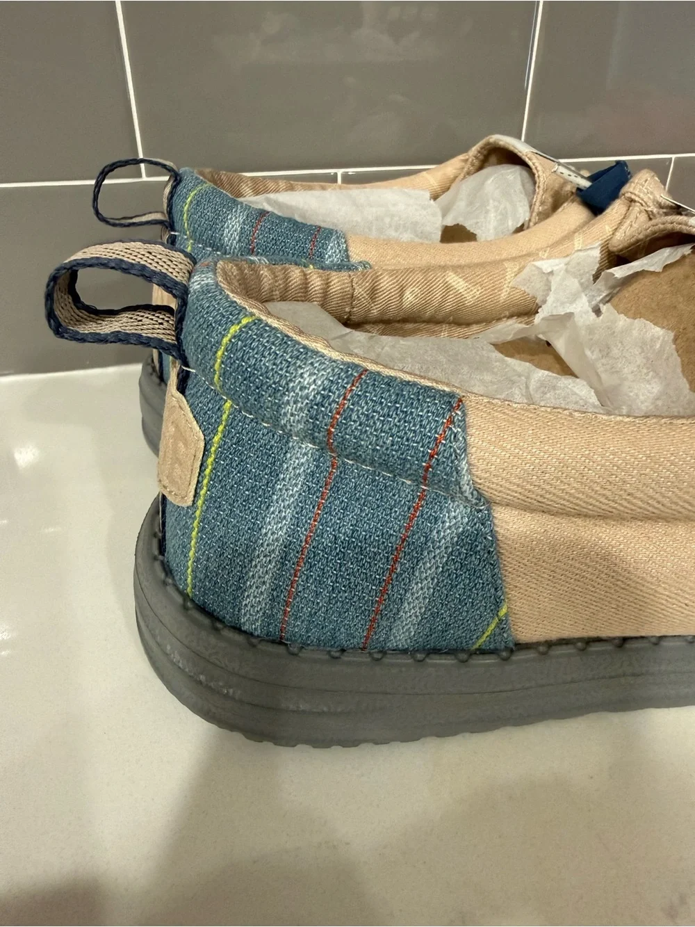 Hey Dude Beige Canvas Slip-On Loafers with Blue Heel Accent